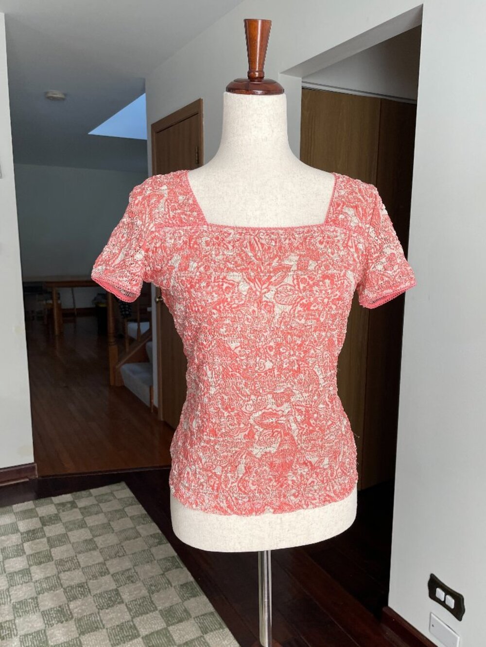 y2k East 5th Crinkle Top Womens M Pink Tan Square Neck Pointelle Knit Preppy